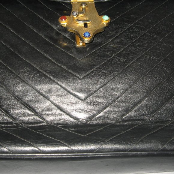 ❤️ HARRY ROSENFELD XL Black Soft Quilted V Leather Cabachon Top Handle Bag - Picture 10 of 15